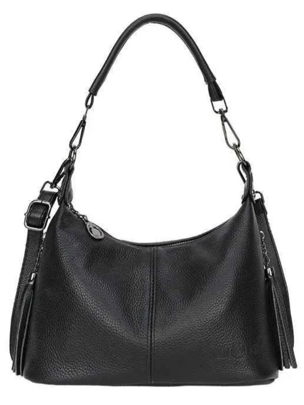 Black Pebbled Leather Tassel Hobo Slouchy Shoulder Bag NWT